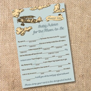 Vintage Airplane Boy - Conselhos Mad Libs para chá de bebê para impressão para a futura mamãe - DOWNLOAD INSTANTÂNEO