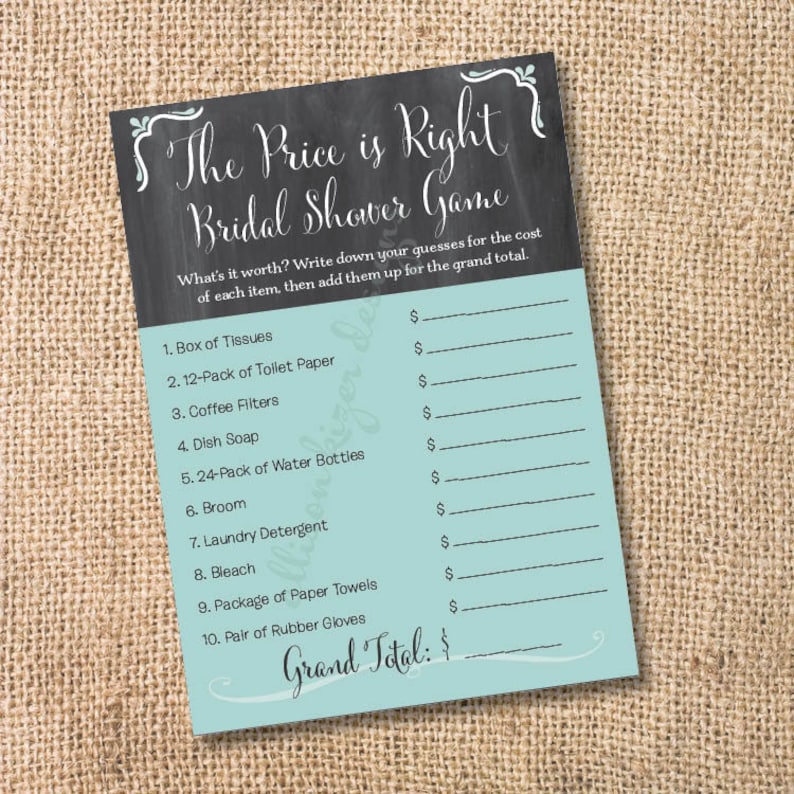 Chalkboard Teal and Gray Printable Bridal Shower Price is Right Game INSTANT DOWNLOAD image 1