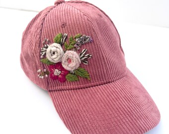 Corduroy Hat Hand Embroidered Floral Baseball Cap Dusty Rose Autumn Cosy Fall Handmade Ladies Hat Accessory Teacher Gift Birthday Gift