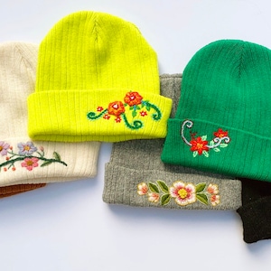 Hand Embroidered Beanie Winter Hat Toboggan Handmade Ladies Hat Floral Beanie Teacher Gift Stocking Stuffer Birthday Gift