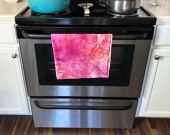 Hand dyed tea towel Tie dye flour sack towel Ice dye kitchen towel Colorful Huckleberry Coral Watercolor