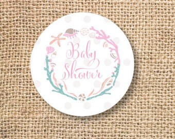 Nautical Baby Girl Shower Printable Favor Circles Pink Maritime Frame Ocean Baby Girl Shower Favor Tags Cupcake Toppers - INSTANT DOWNLOAD