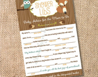 Woodland druckbare Babyparty Mad Libs Waldtiere Baby Shower Spiel druckbare - Ratschläge für die werdende Mutter - SOFORTIGER DOWNLOAD