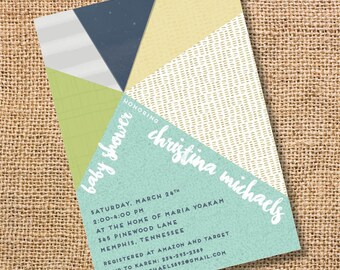 Geometric Triangles Baby Boy Shower Invite Modern Aqua Navy Blue Invite Twin Boys Birthday Party Masculine Sophisticated Couples Shower