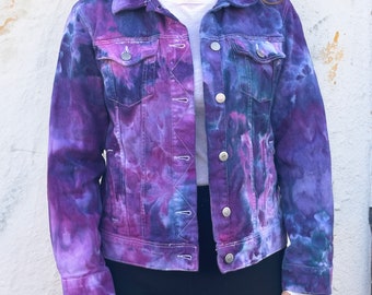 Ice dye denim jacket, Women's medium tie dye jean jacket, Purple Denim Jacket Watercolor floral