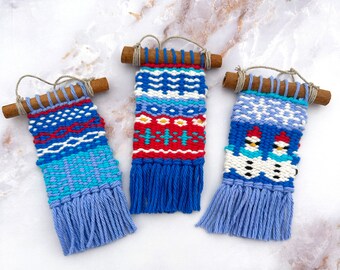 Scandinavian Christmas Ornaments Blue Snowman Snowflake Krokbragd Handwoven Ornaments Individual or Set Hanukah gift Stocking Stuffer