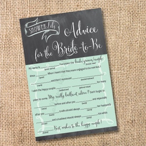 Mint and Gray Chalkboard Printable Bridal Shower Mad Libs Advice for the Bride-to-Be Aqua Chalkboard Wedding Mad Libs - INSTANT DOWNLOAD