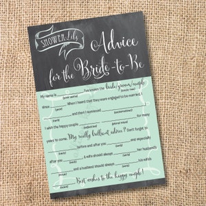 Mint and Gray Chalkboard Printable Bridal Shower Mad Libs Advice for the Bride-to-Be Aqua Chalkboard Wedding Mad Libs INSTANT DOWNLOAD image 1