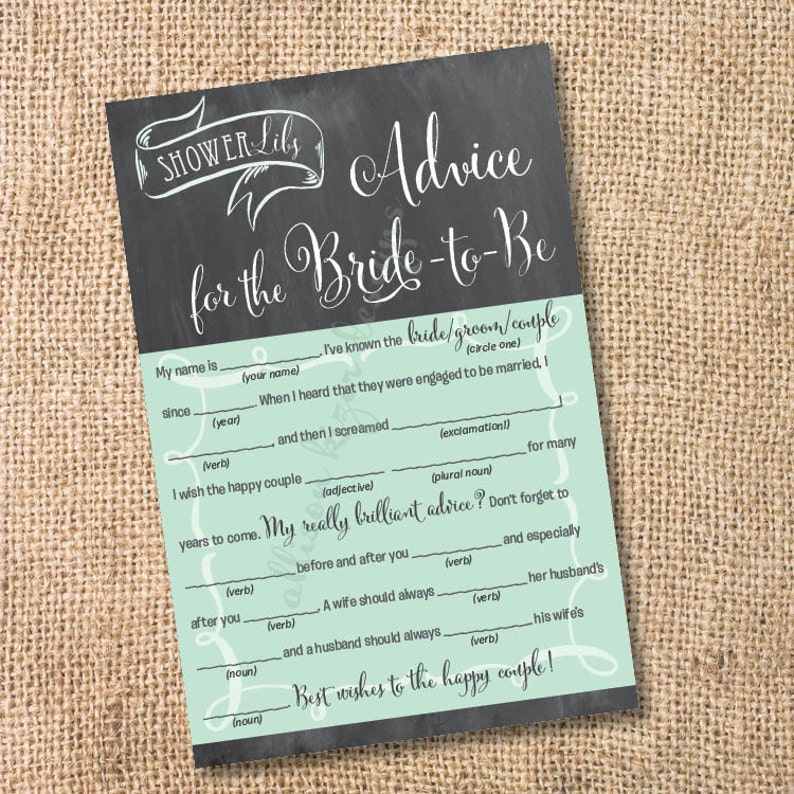 Mint and Gray Chalkboard Printable Bridal Shower Mad Libs Advice for the Bride-to-Be Aqua Chalkboard Wedding Mad Libs INSTANT DOWNLOAD image 1