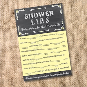 Chalkboard Printable Baby Shower Mad Libs Yellow and Gray - Advice for the Mom-to-Be - Baby Girl Baby Boy Gender Neutral INSTANT DOWNLOAD