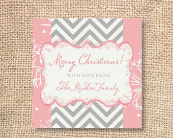 Chevron Snowflakes Printable Personalized Christmas Gift Tags - Square