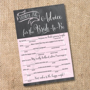 Pink and Gray Chalkboard Printable Bridal Shower Mad Libs Advice for the Bride-to-Be - INSTANT DOWNLOAD