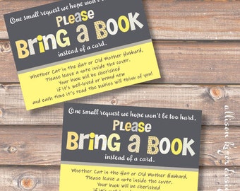 Funky Letters Yellow and Gray - Gender Neutral Baby or Twins Printable Stock the Library Enclosures Bring a Book Cards - INSTANT DOWNLOAD