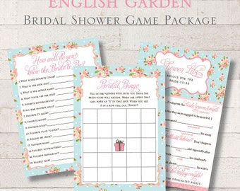 Bridal Shower Game Package Set English Garden Bridal Bingo Game How Well Do You Know the Bride Bridal Shower Mad Libs Game INSTANT DOWNLOAD