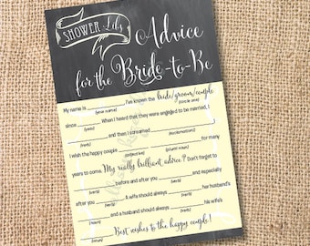 Yellow and Gray Chalkboard Printable Bridal Shower Mad Libs Advice for the Bride-to-Be - INSTANT DOWNLOAD