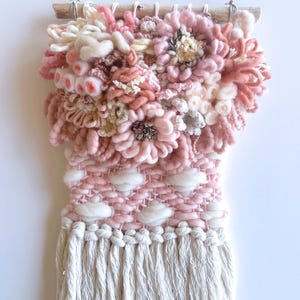 Pink Peony Floral Wall Hanging Boho Woven Flower Art Coral Baby Pink Floral Gallery Piece Nursery Decor Weaving Fiber Art