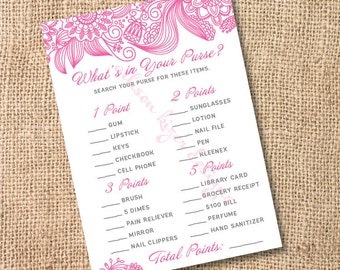 Printable Bridal Shower Game Printable Baby Shower Game Modern Pink Floral Printable Purse Raid Game - INSTANT DOWLOAD