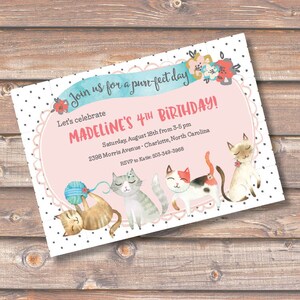 Watercolor Cats Birthday Invitation Pink Kitty Cat Birthday Invite Girl Purr-fect Twin Girls Kitten Baby Shower Floral Printable