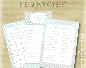 Ikat Robins Egg Blue Game Package Set - Wishes for Baby Game, Celebrity Baby Match Game, & Baby Bingo Game Mint Aqua Grey - INSTANT DOWNLOAD