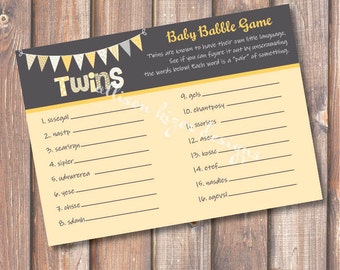 Printable Baby Shower Game - Funky Letters Twins Baby Babble Word Scramble - INSTANT DOWLOAD