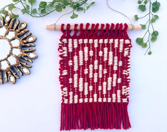 Red Woven Wall Hanging Scandinavian Abacus Design Cranberry Red and White Handwoven Art Christmas Valentine's Day Lunar New Year