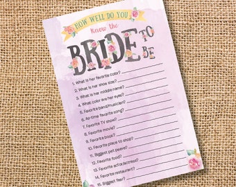 Purple How Well Do You Know The Bride Game Floral Watercolor Bridal Shower Game Printable Lavender Bridesmaids Luncheon INSTANT DOWLOAD