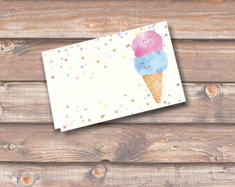 Placeringskort med dubbla skopor från Ice Cream Twins, utskrivbara matetiketter, menyplaceringskort, babyshower, födelsedag, 8,5 x 5,2 cm, tältstil, direkt nedladdning