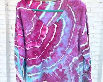 Hand dyed geode shirt, Women's tie dye v neck long sleeve shirt, Ice Dye Watercolor Fuchsia and Aqua Agate Top, size XL