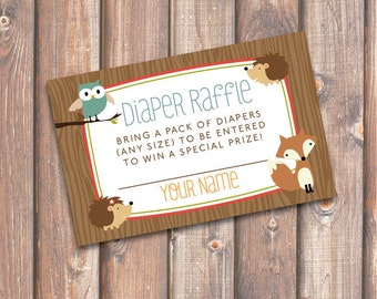 Woodland Diaper Raffle Tickets Woodland Animals Baby Shower Diaper Raffle Cards Forest Animals Baby Shower, Owl Fox Twins - INSTANT DOWNLOAD