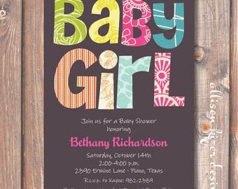 Boho Baby Girl Shower Invite Hot Pink and Gray Funky Letters Yellow and Pink Modern Baby Shower Teal Lime & Green Printable Invitation