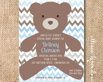 Baby Boy Teddy Bear Shower Invitation Beary Sweet Printable Invitation Baby Boy First Birthday Twin Boys Light Blue Chocolate Brown Chevron