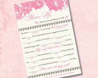 Pink & Brown Hydrangea Printable Bridal Shower Mad Libs Advice for the Bride-to-Be - INSTANT DOWNLOAD