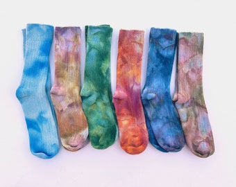 Ice dye crew socks, soft cotton tie dye slouchy socks, comfy hand dyed colorful socks, Women's Size Medium/Large, Men's Size S/M
