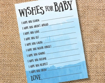 Wishes for Baby Game Blue Ombre Printable Baby Shower Baby Boy Twin Boys Blue Watercolor Baby Wishes Advice Card INSTANT DOWLOAD