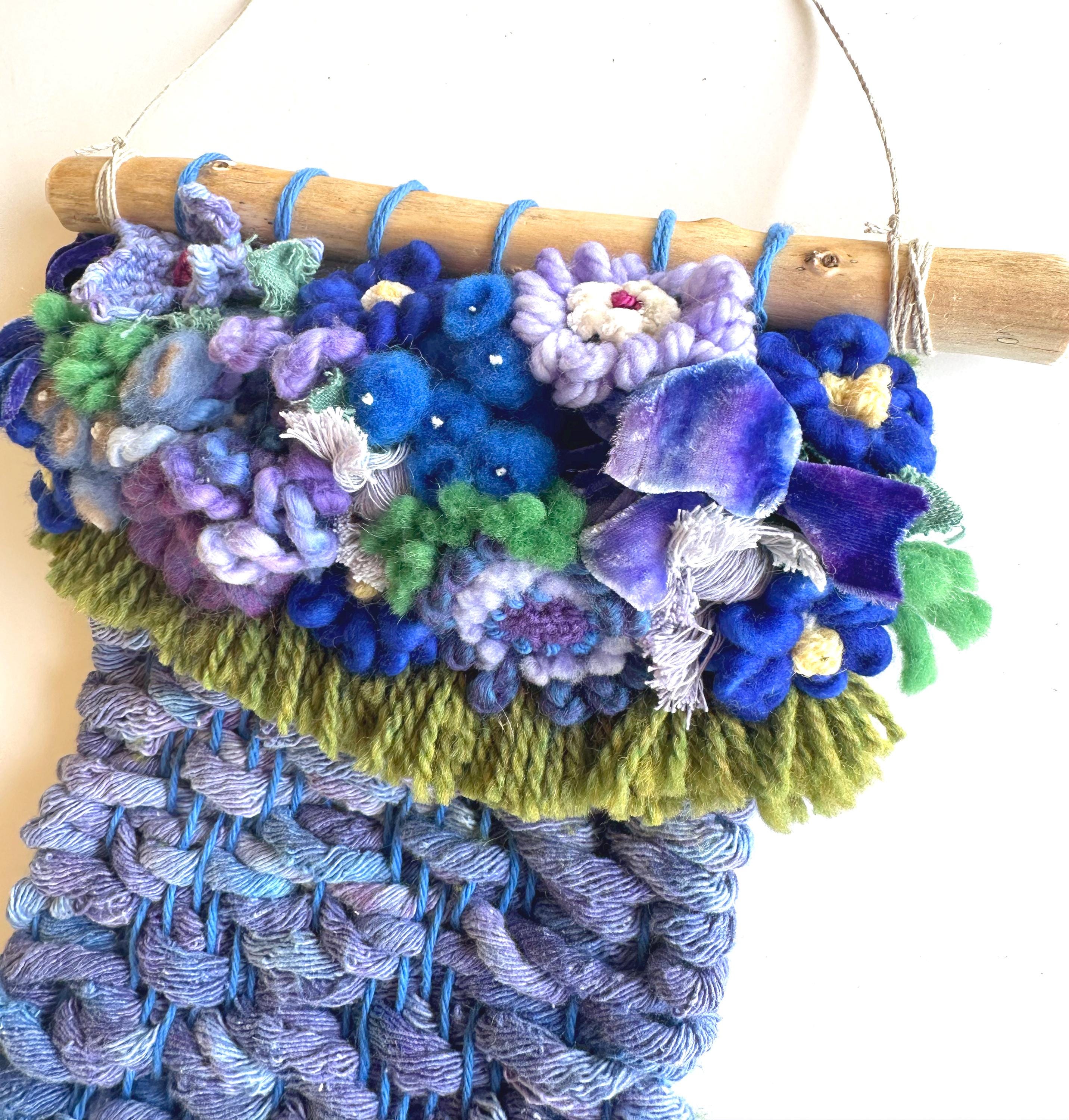 Bluebonnet Blue and Purple Floral Wall Hanging Boho Woven Flower Art ...