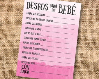 Deseos para la bebé Baby Shower niña Rosado Wishes for Baby Ombre Pink Spanish Archivo para Imprimir Juego INSTANT DOWNLOAD