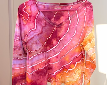 Hand dyed geode shirt, Women's tie dye v neck long sleeve shirt, Ice Dye Watercolor Sunset Red Orange Agate Top, size medium