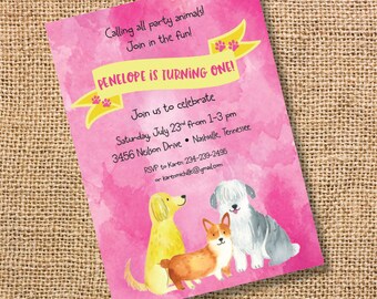 Puppies Birthday Invitation Dogs Girl Pink Watercolor Yellow Printable Invitation Birthday Party Paw Prints Twins Baby Girl Shower Invite