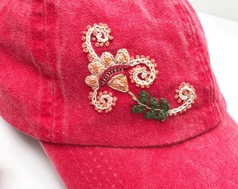 Hand Embroidered Hat Floral Baseball Cap Colorful Peruvian Red Filagree Handmade Ladies Accessory Teacher Gift Stocking Stuffer Birthday