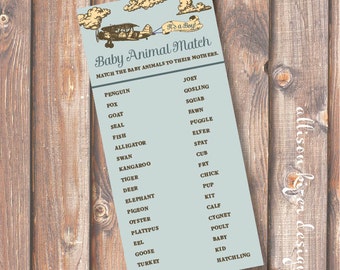 Vintage Airplane Printable Baby Shower Game - Baby Animal Matching Game - INSTANT DOWLOAD