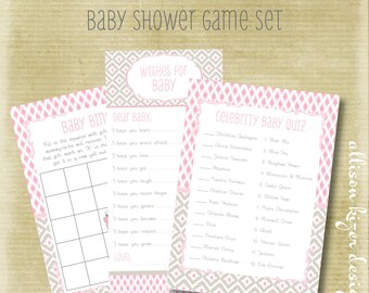 Ikat Pink & Gray Game Package Set - Wishes for Baby Game, Celebrity Baby Match Game, and Baby Bingo Game - INSTANT DOWNLOAD