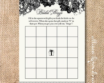 Black & Cream Floral Printable Baby or Bridal Bingo Game - INSTANT DOWLOAD