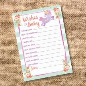 Unicorn Princess Wishes for Baby Game Unicorn Printable Baby Wishes Girl Shower Twin Girls Baby Wishes Floral Advice Card INSTANT DOWLOAD