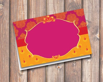 Morocco Hot Pink and Gold Printable Food Tags or Place cards - Boho Indian Paisley Place Cards - 3.5 x 2.25" Tent-Style - INSTANT DOWNLOAD