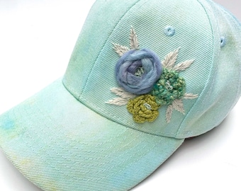 Hand Embroidered Hat Floral Baseball Cap Ice Dyed Hand dyed Mint Hat Aqua Blue Rose Floral Hat