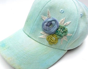 Hand Embroidered Hat Floral Baseball Cap Ice Dyed Hand dyed Mint Hat Aqua Blue Rose Floral Hat