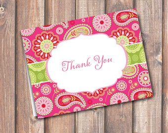 Pink DIY Stationery Hot Pink Paisley Folded Thank You Note Baby Shower Pink & Green Birthday Bridal Fits A2 size envelope - INSTANT DOWNLOAD