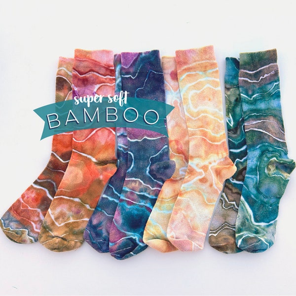 Tie Dye Bamboo Crew Socks, soft mens geode socks, comfy hand dyed colorful socks, ice dyed socks, Men's M, Women's L