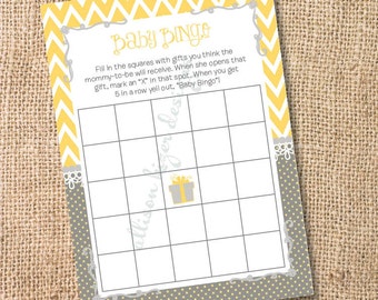 Yellow and Gray Chevron Printable Baby or Bridal Bingo Game - INSTANT DOWLOAD