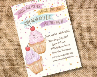 Cupcake Twins Birthday Invitation Pink Purple Party Sweets Birthday Invite Cupcakes Twin Girls Baby Shower Watercolor 1st Birthday Printable
